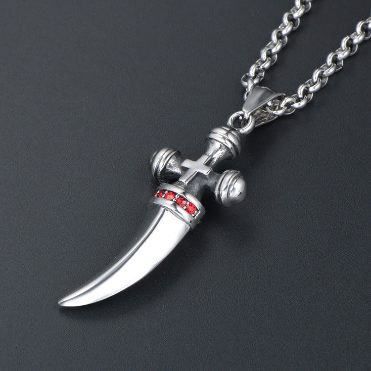Titanium Steel Cross Necklace with Red Zircon and Horn Pendant for Men - European and American Fashion Jewelry
