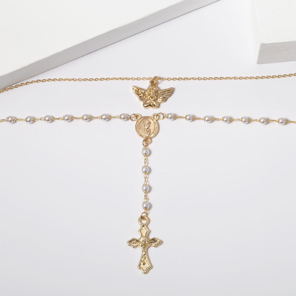 Cherub Pearl Y-Shaped Layered Necklace