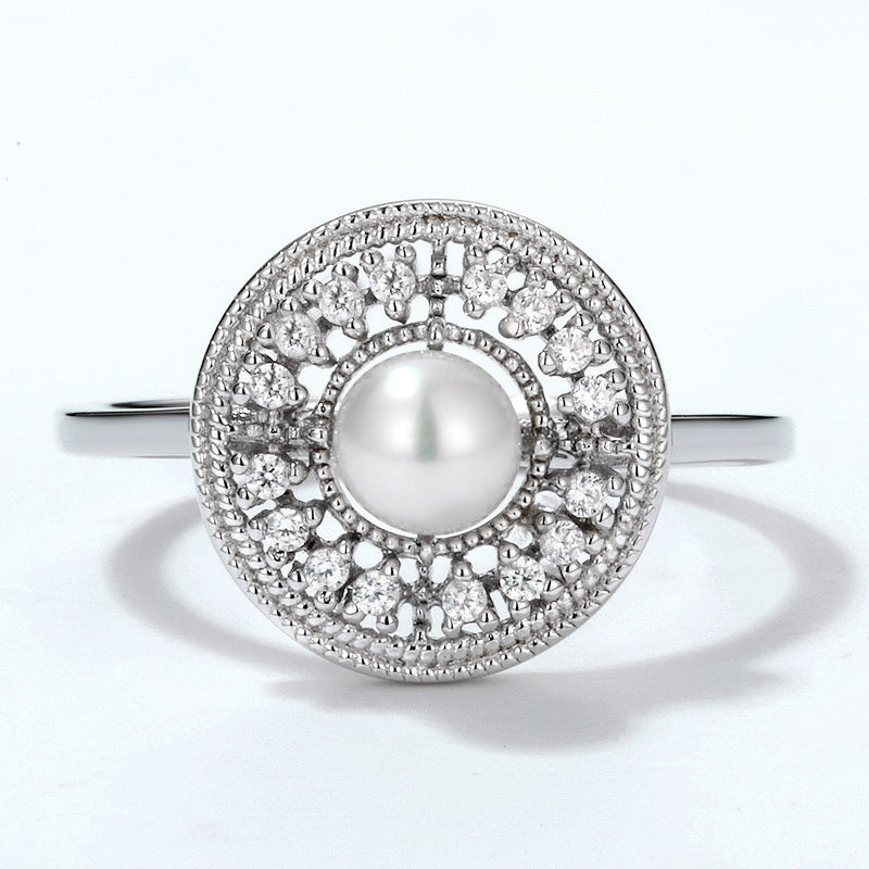 Zircon Disc Round Natural Freshwater Pearl Opening Sterling Silver Ring