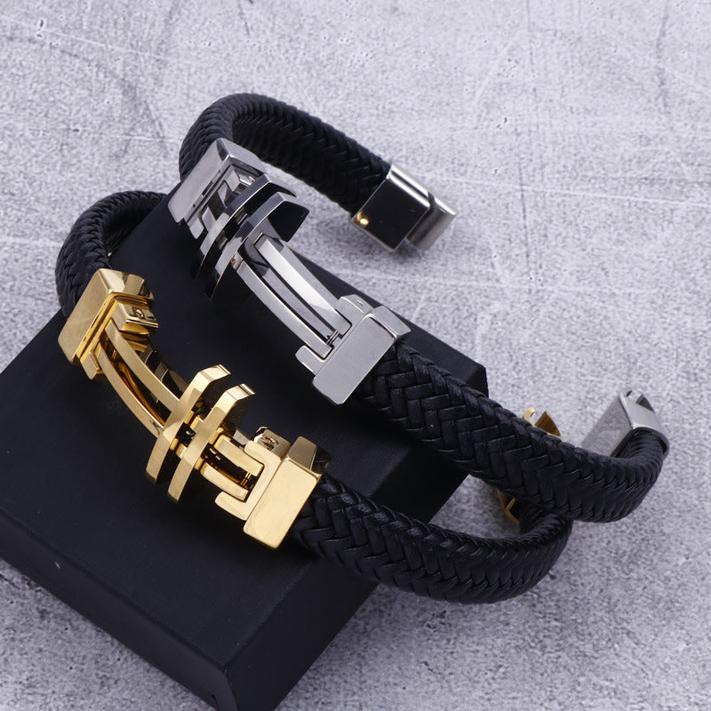 Stylish Retro Cowhide and Titanium Steel Men's Bracelet - European and American Trend