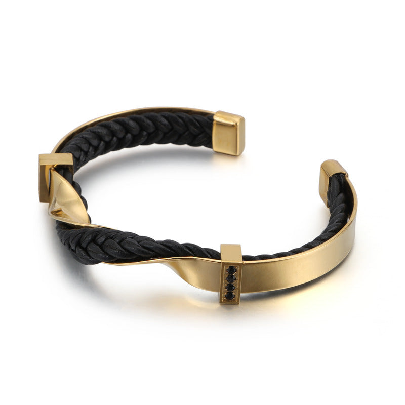 Stainless Steel Leather Bracelet – Titanium Steel Unisex Zircon-Inlaid Bracelet Open