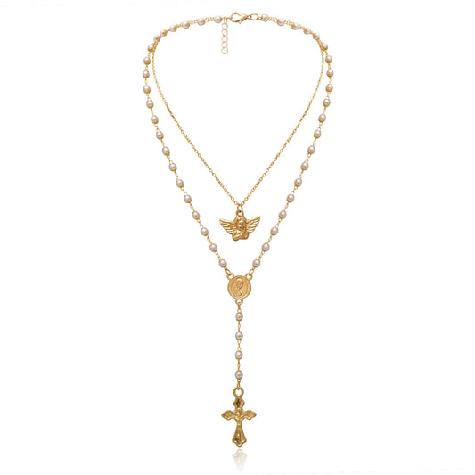 Cherub Pearl Y-Shaped Layered Necklace