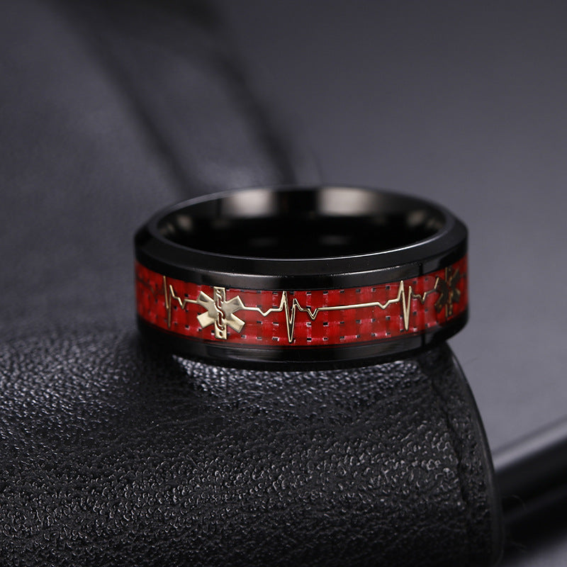 Red Carbon Fiber Titanium Steel Ring with Medical Logo - Heart of Life Design for Men