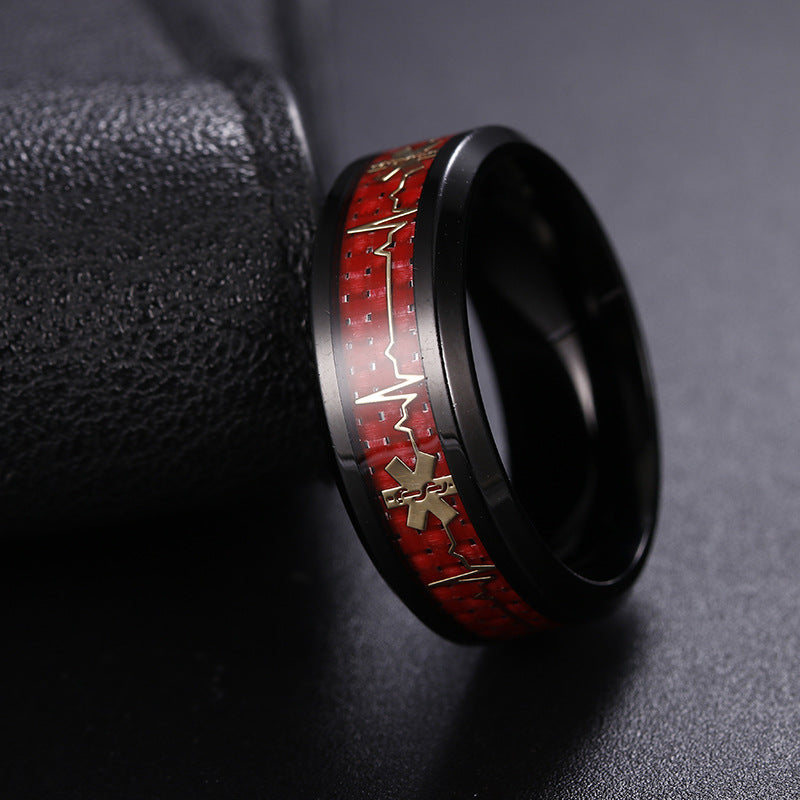 Red Carbon Fiber Titanium Steel Ring with Medical Logo - Heart of Life Design for Men