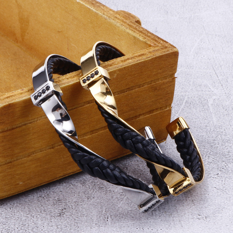 Stainless Steel Leather Bracelet – Titanium Steel Unisex Zircon-Inlaid Bracelet Open