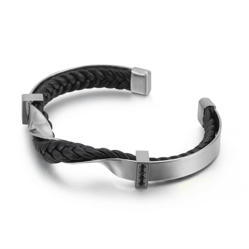 Stainless Steel Leather Bracelet – Titanium Steel Unisex Zircon-Inlaid Bracelet Open