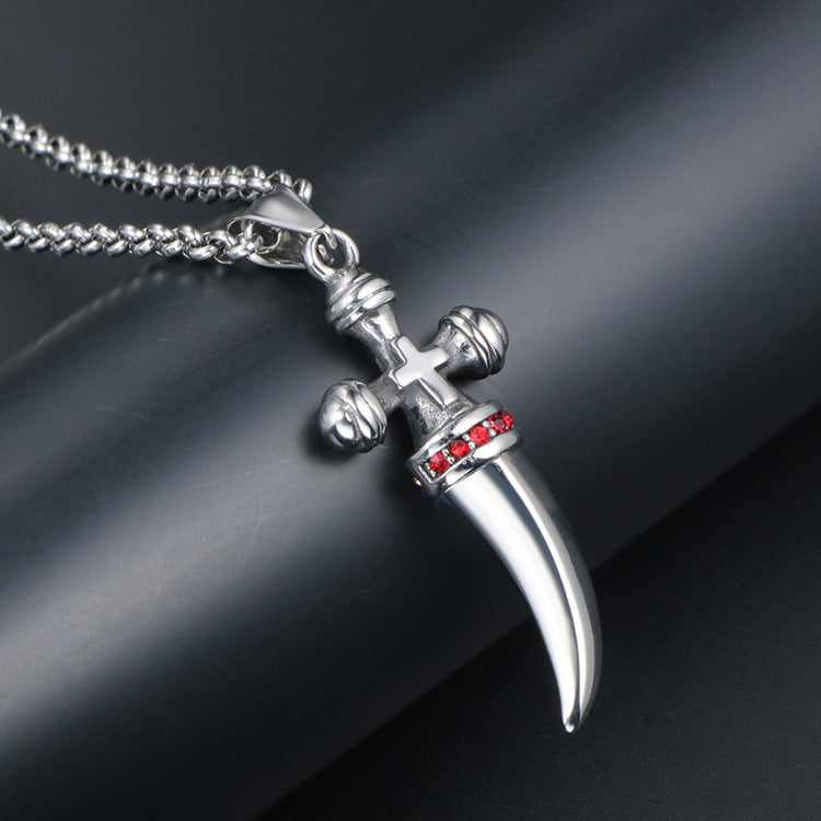Titanium Steel Cross Necklace with Red Zircon and Horn Pendant for Men - European and American Fashion Jewelry