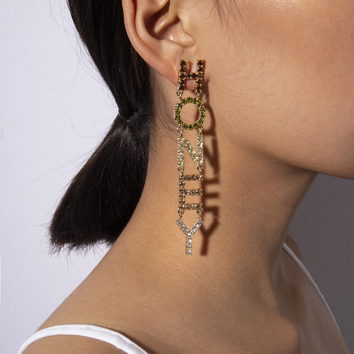 Elegant Vienna Verve Earrings with Micro-inlayed Honey Letters