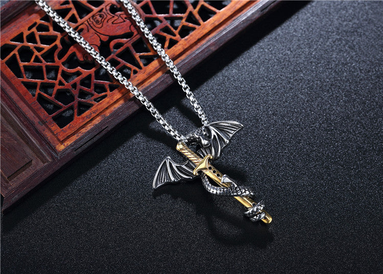 Planderful Dragon Pendant Stainless Steel Cross Flying Dragon Necklace For Men Unisex Protection Jewelry