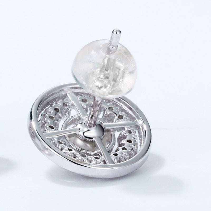 Zircon Disc Round Natural Freshwater Pearl Sterling Silver Stud Earrings