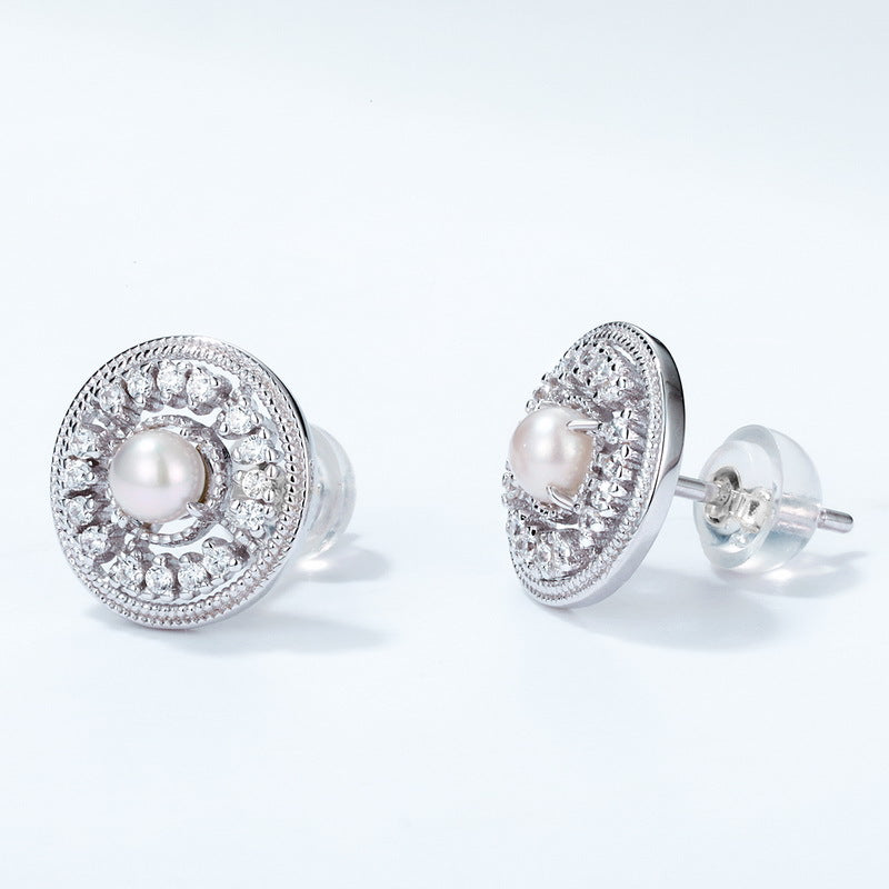 Zircon Disc Round Natural Freshwater Pearl Sterling Silver Stud Earrings
