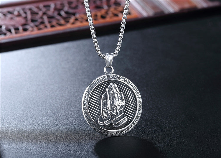 Planderful Prayer Hands Pendant Retro Titanium Steel Unisex Religious Jewelry For Men Personalised Protection