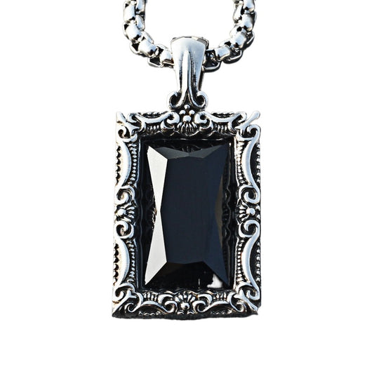 Planderful Pendant For Men And Women Retro Engraved Rectangle Black Stone Titanium Steel Unisex Bold Hip Hop Style