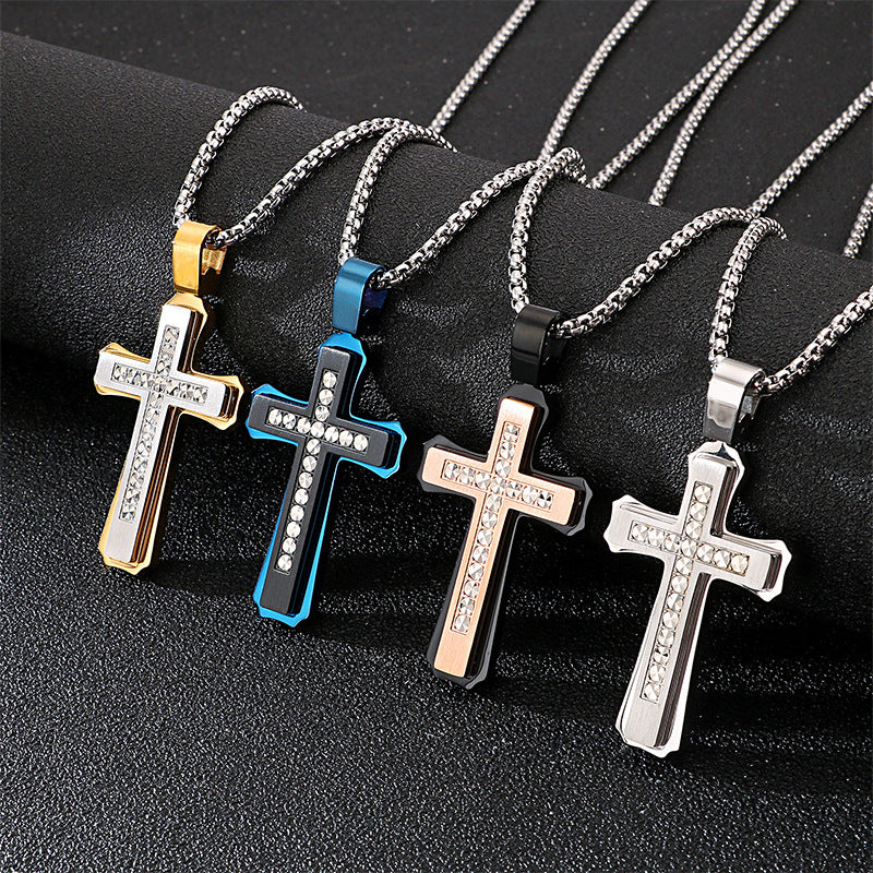 Customizable European and American Men's Stainless Steel Classic Cross Pendant Necklace with Chain