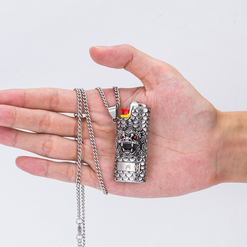 Steel Necklace – Statement Unicorn Eye Lion Lighter Case Necklace For Men Everyday Genie Collection