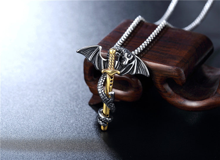 Planderful Dragon Pendant Stainless Steel Cross Flying Dragon Necklace For Men Unisex Protection Jewelry
