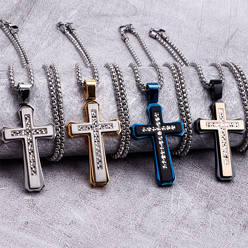 Customizable European and American Men's Stainless Steel Classic Cross Pendant Necklace with Chain