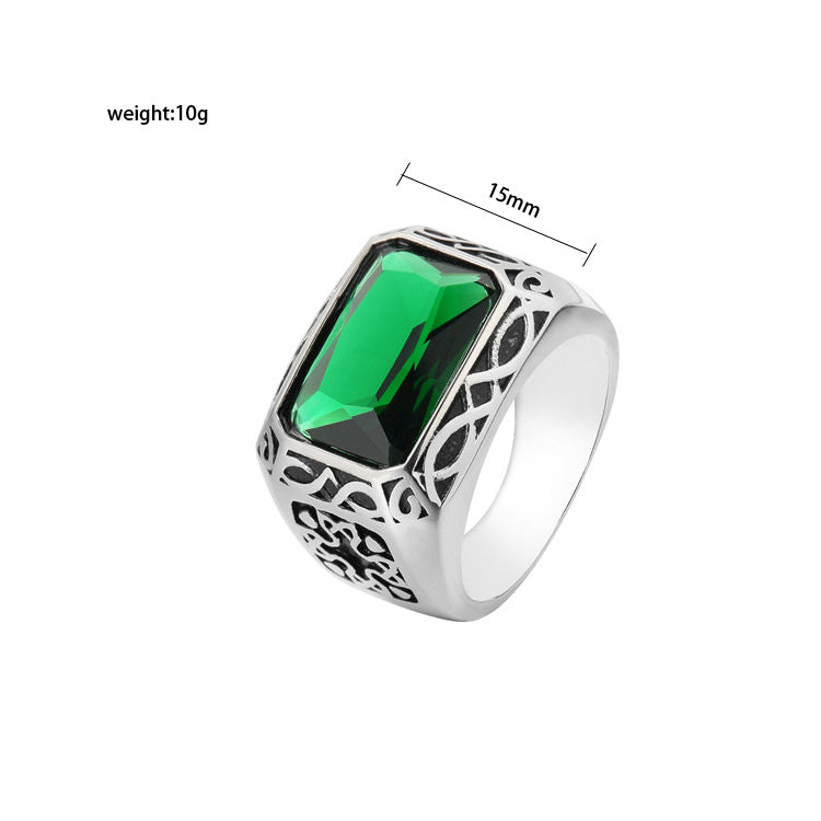 Planderful Titanium Steel Punk Ring With Green Zircon For Unisex Retro European American Style