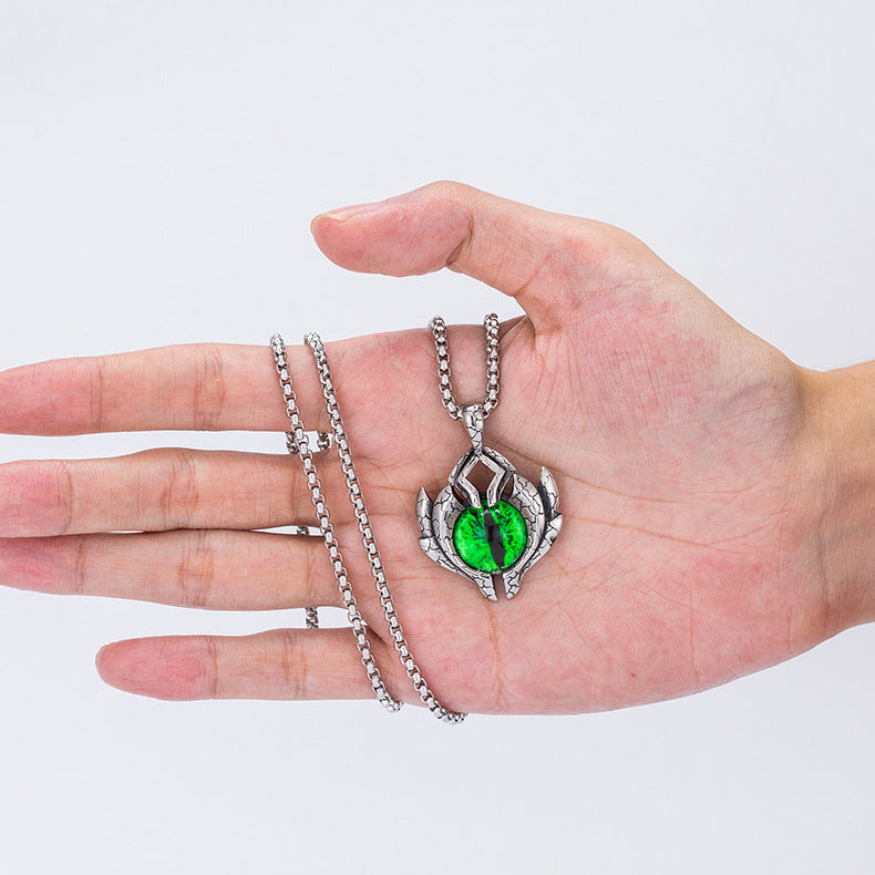 Green Devil's Eye Necklace - Elegant Hip Hop Style For Men In Stainless Steel By Planderful