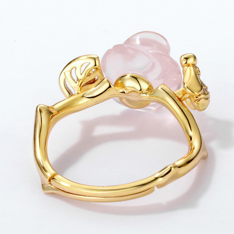 Pink Crystal Rose Bee and Leaf Zircon Opening Silver Ring