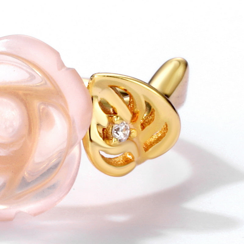 Pink Crystal Rose Bee and Leaf Zircon Opening Silver Ring