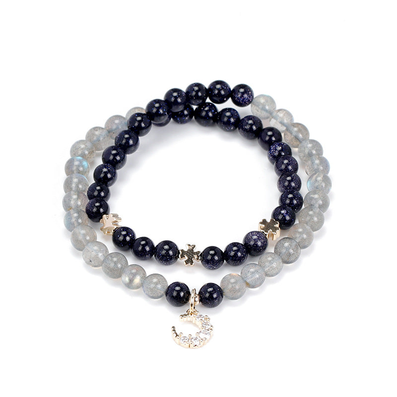 Starry Night Sterling Silver Bracelet with Blue Sandstone and Moonlight Stone