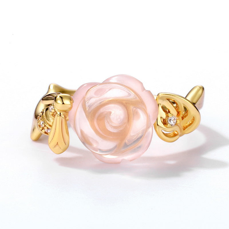 Pink Crystal Rose Bee and Leaf Zircon Opening Silver Ring