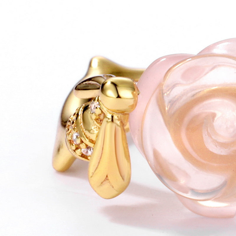 Pink Crystal Rose Bee and Leaf Zircon Opening Silver Ring