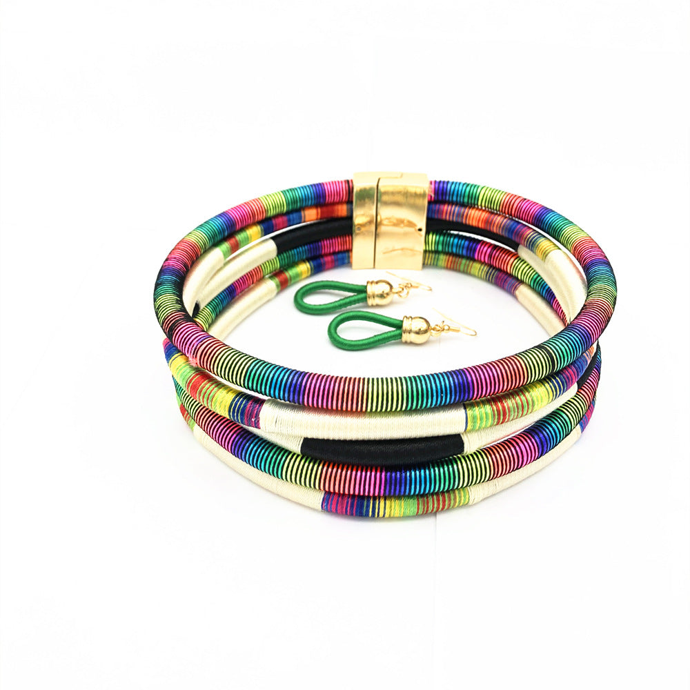Bohemian Magnetic Closure Collar Necklace Set with Vibrant African-Inspired Threads