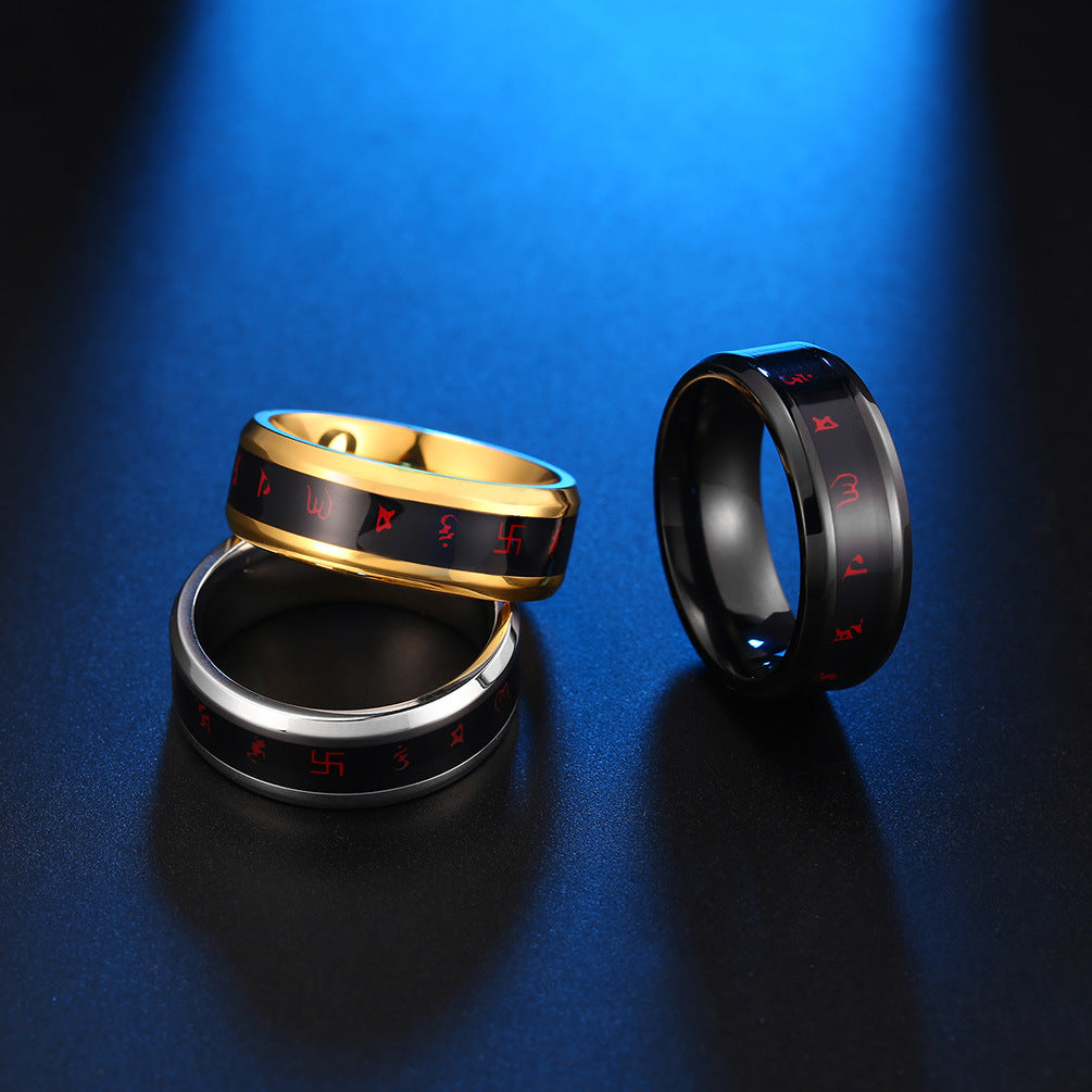 Chinese Style Six Characters Intelligent Temperature Titanium Steel Ring for Men