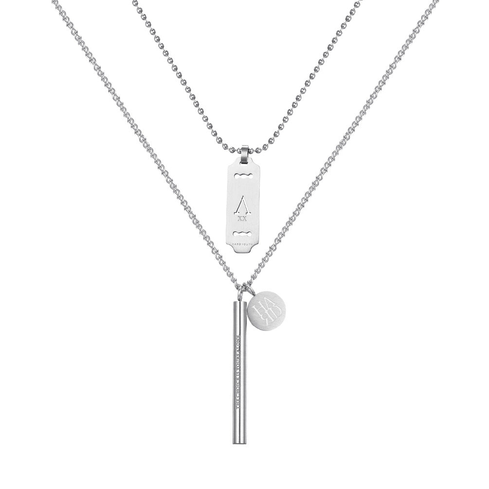 Ins Cold Original Wind Brushed Matte Cylindrical V Brand Two-Piece Set Double-Layer Male Student Necklace Pendant