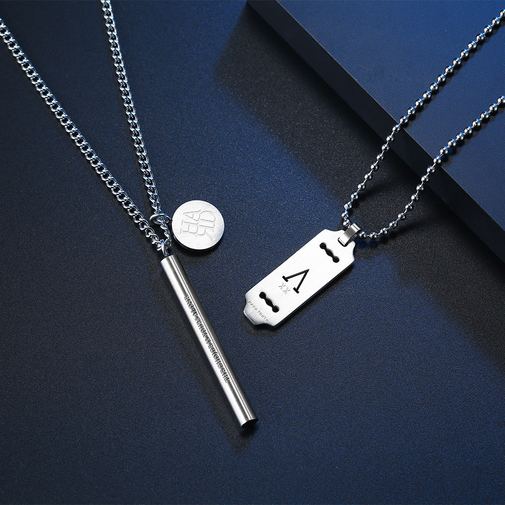 Ins Cold Original Wind Brushed Matte Cylindrical V Brand Two-Piece Set Double-Layer Male Student Necklace Pendant