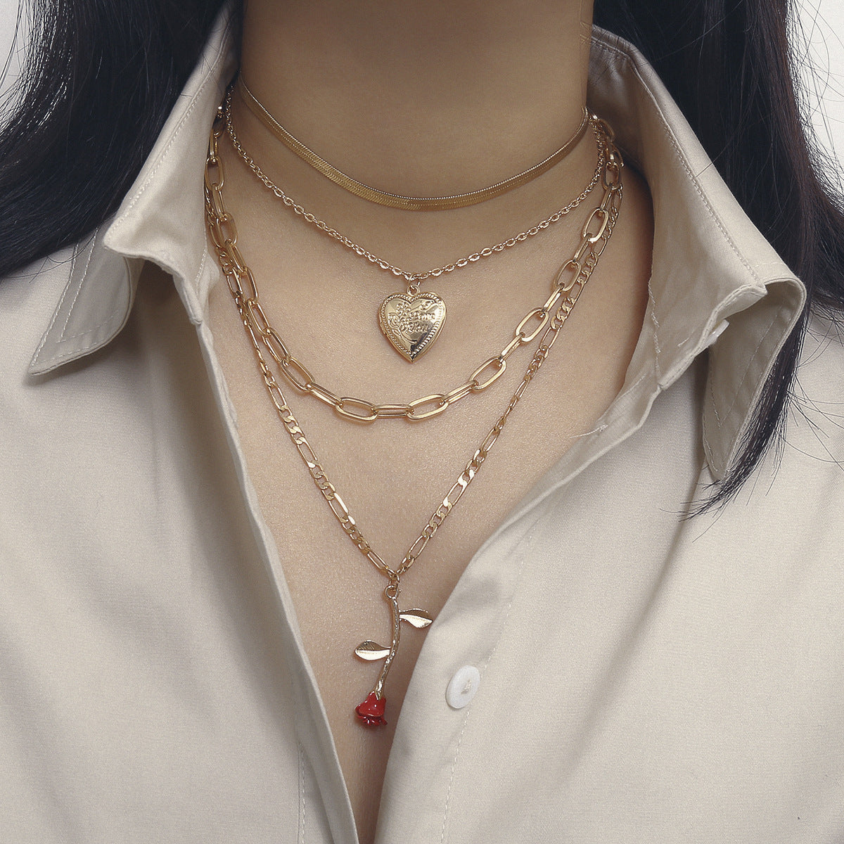 Planderful Oil Painted Rose Geometric Necklace For Women Layered Thick Chain Statement Jewelry Vienna Verve