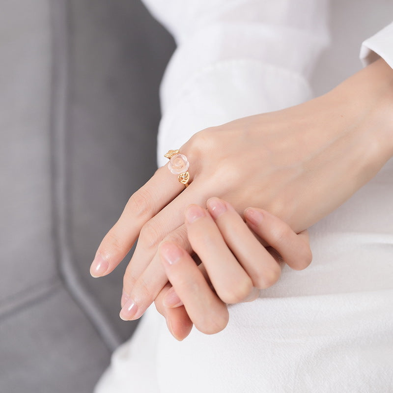Pink Crystal Rose Bee and Leaf Zircon Opening Silver Ring