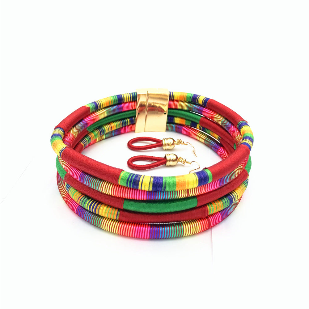 Bohemian Magnetic Closure Collar Necklace Set with Vibrant African-Inspired Threads
