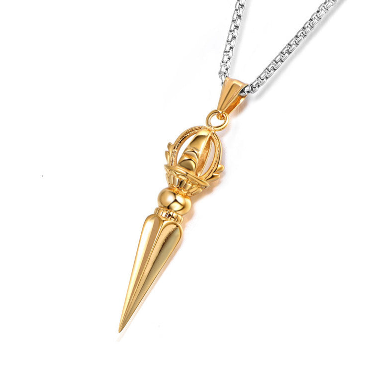 Two-Tone Titanium Steel Lotus Vajra Pestle Pendant Necklace - Trendy Sweater Chain Accessories for Men and Women