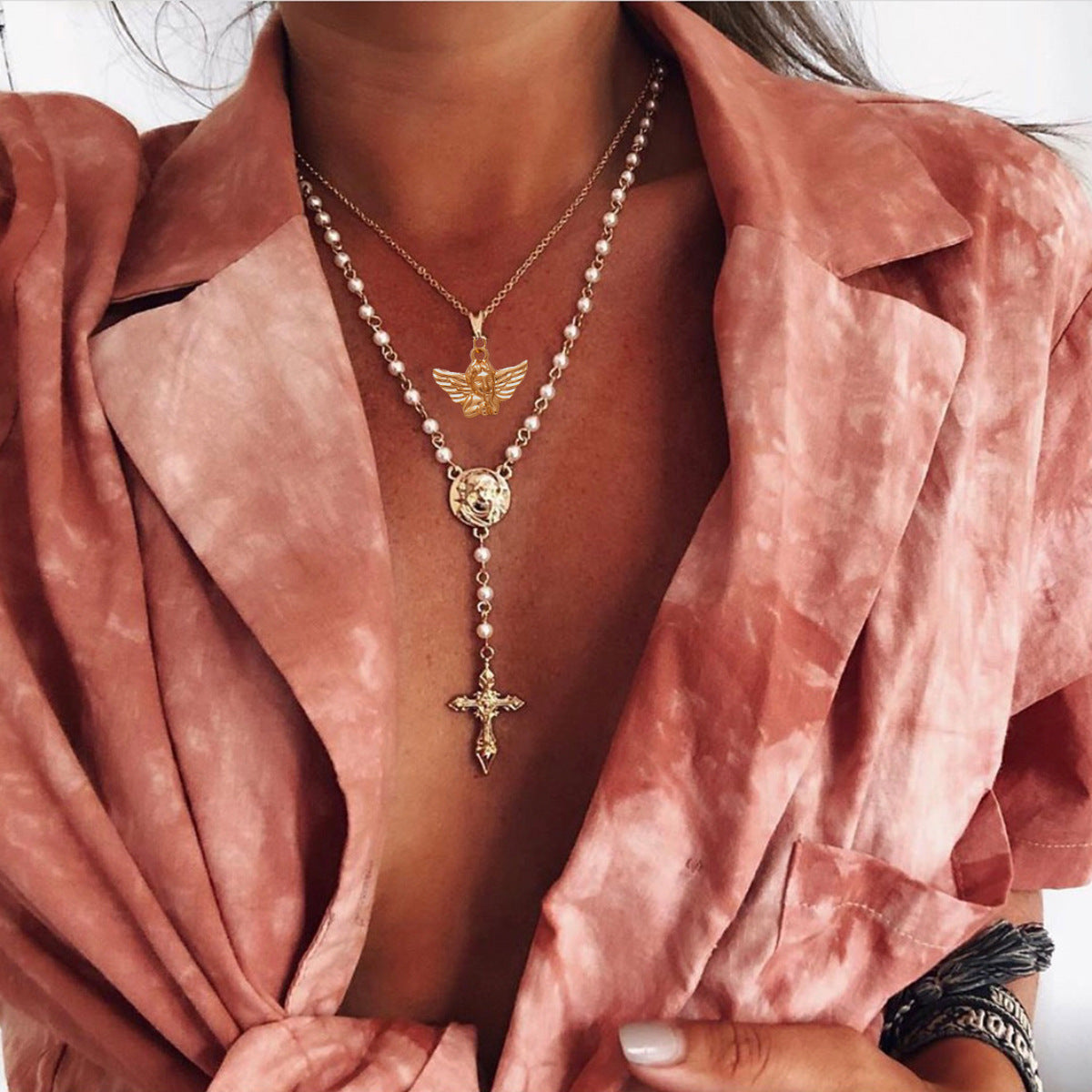 Cherub Pearl Y-Shaped Layered Necklace