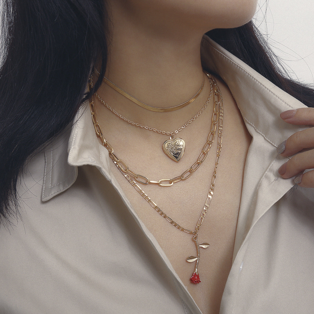 Planderful Oil Painted Rose Geometric Necklace For Women Layered Thick Chain Statement Jewelry Vienna Verve