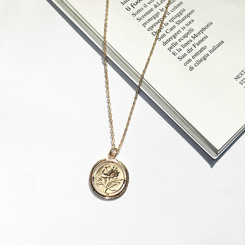 Golden Rose Relief Coin Pendant Necklace - Trending in Europe and America, Instagram-Worthy Sweater Chain Accessory by Planderful Vienna Verve Collection