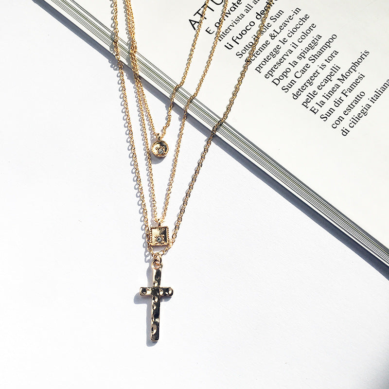 European and American Inspired Three-Layer Necklace for Women with Cross Pendant