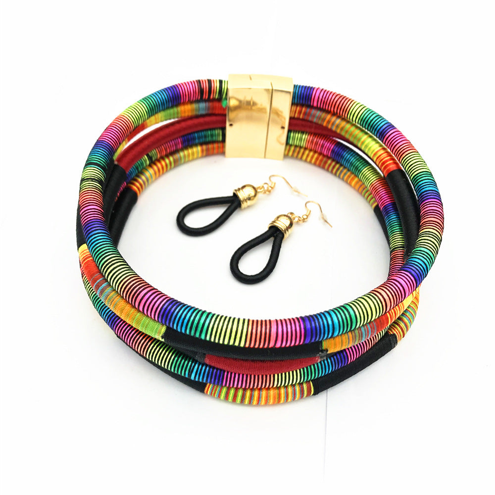 Bohemian Magnetic Closure Collar Necklace Set with Vibrant African-Inspired Threads