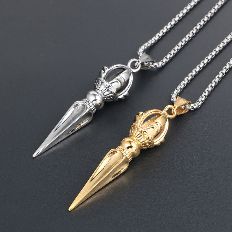 Two-Tone Titanium Steel Lotus Vajra Pestle Pendant Necklace - Trendy Sweater Chain Accessories for Men and Women