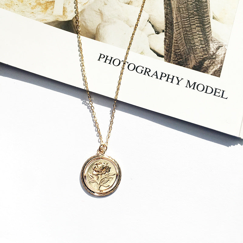 Golden Rose Relief Coin Pendant Necklace - Trending in Europe and America, Instagram-Worthy Sweater Chain Accessory by Planderful Vienna Verve Collection