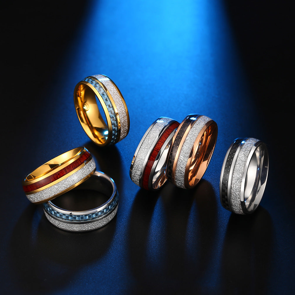 Steel Ring – Luxury Men's Band With Inlaid Carbon Fiber Wood Leather Titanium Planderful Everyday Genie