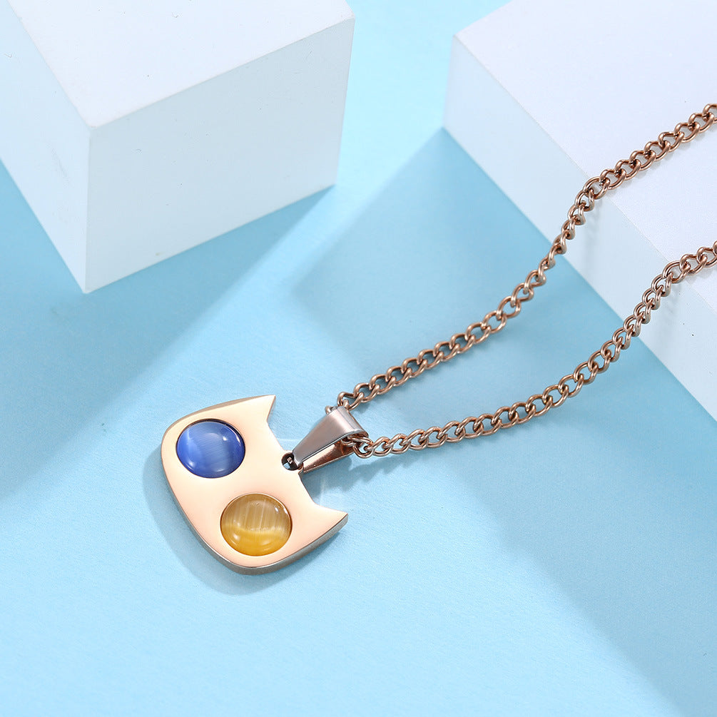 Cute Cat Face Inlaid With Cat's Eye Stone Pendant Necklace