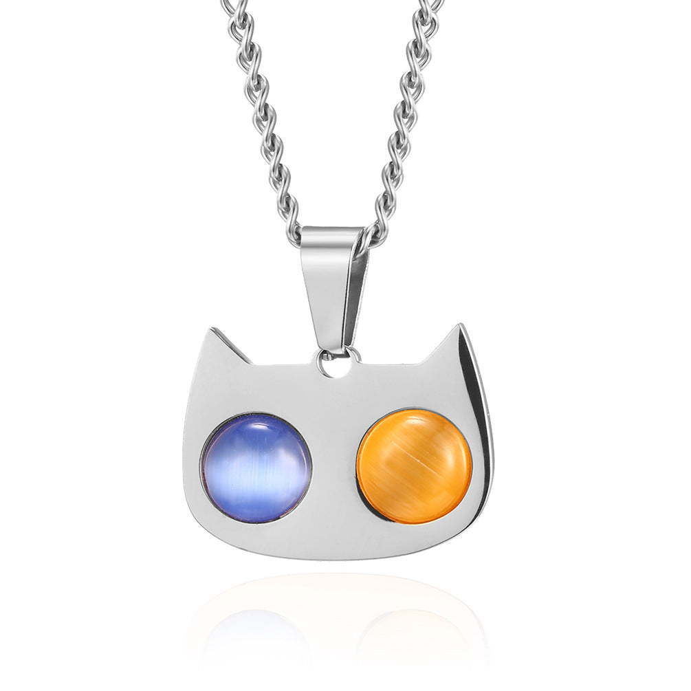 Cute Cat Face Inlaid With Cat's Eye Stone Pendant Necklace
