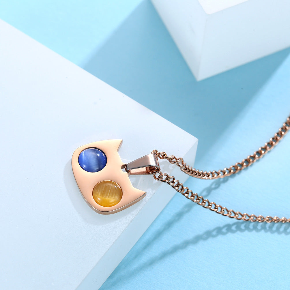 Titanium Steel Inlaid Cat's Eye Stone Cat Necklace Couple Pendant