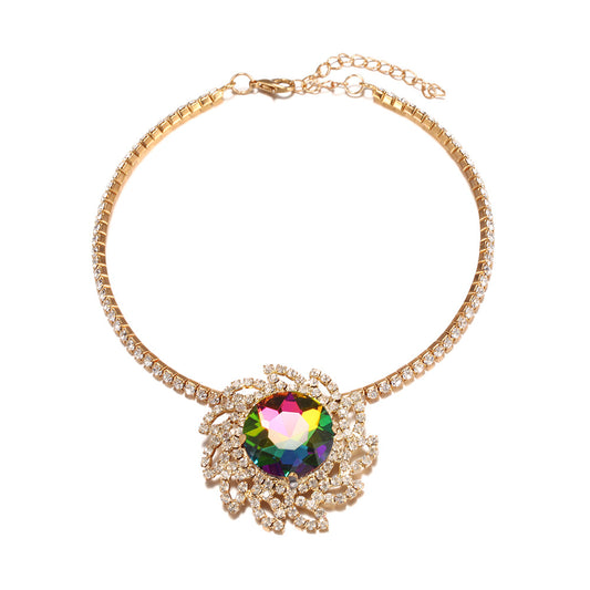 Sunlit Glass Pendant Necklace with Collarbone Chain - European and American Jewelry Collection