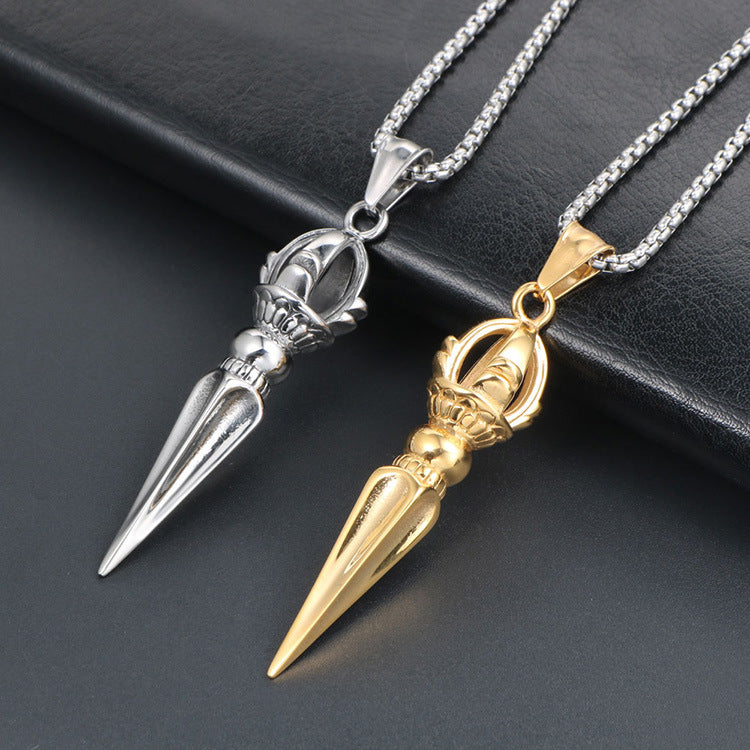 Two-Tone Titanium Steel Lotus Vajra Pestle Pendant Necklace - Trendy Sweater Chain Accessories for Men and Women