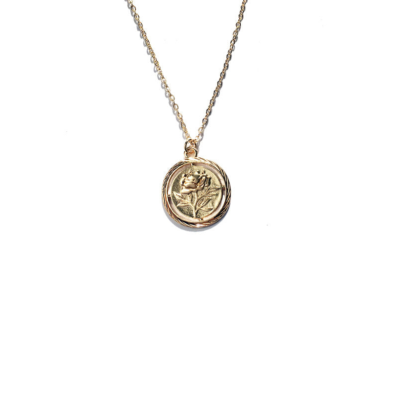 Golden Rose Relief Coin Pendant Necklace - Trending in Europe and America, Instagram-Worthy Sweater Chain Accessory by Planderful Vienna Verve Collection